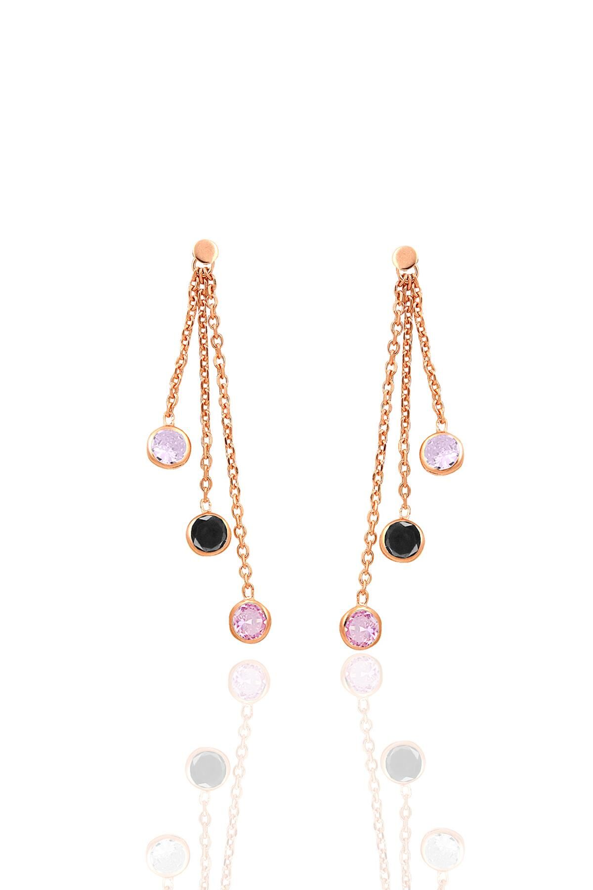Gümüş rose zirkon taşlı renkli zincir ışıltısı küpe SGTL12632ROSE