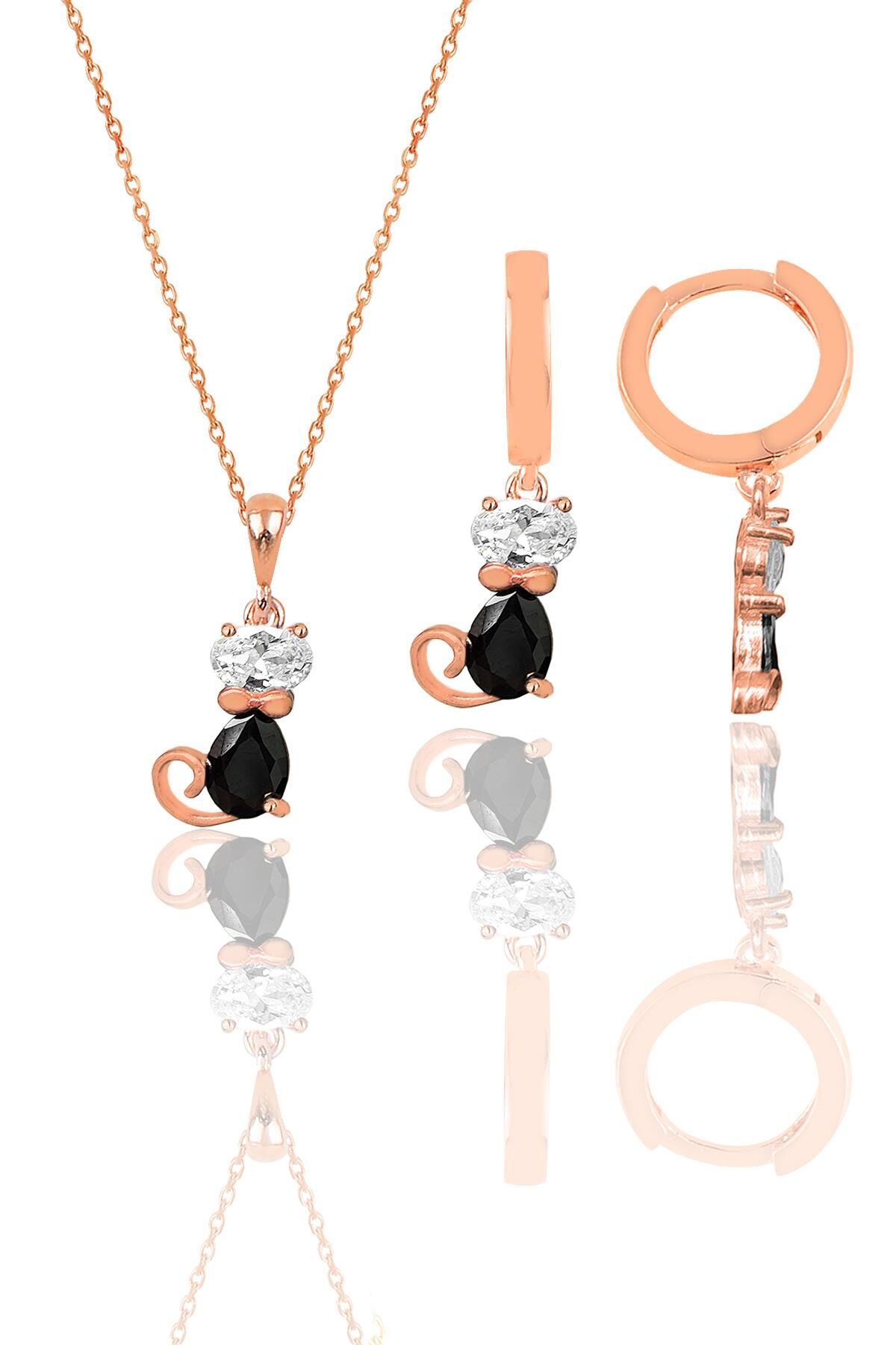 Gümüş rose zirkon taşlı özel tasarım kedi kolye ve küpe ikili set SGTL12091ROSE