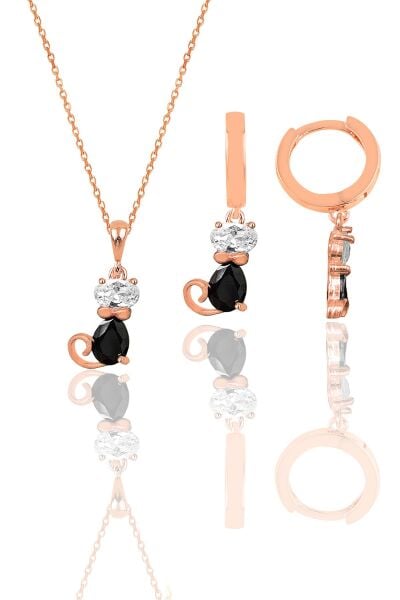 Gümüş rose zirkon taşlı özel tasarım kedi kolye ve küpe ikili set SGTL12091ROSE