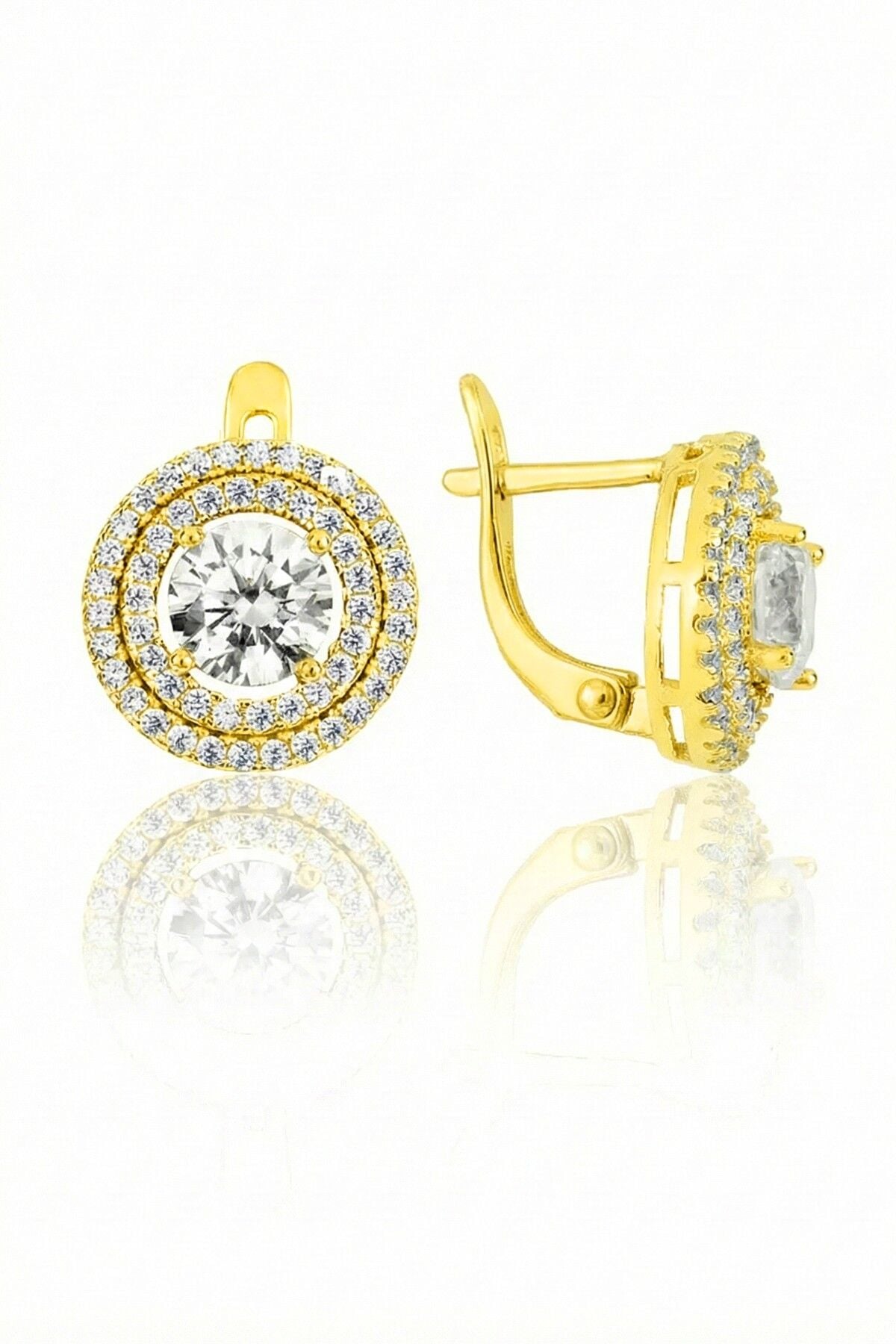 925 Ayar Gümüş Küpe Altın Kaplama Özel Tasarım Yuvarlak Zirkon Taşlı Klipsli Küpe SGTL13201GOLD