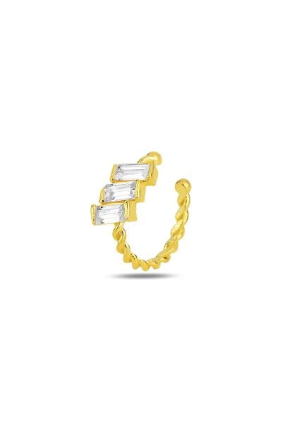 Gümüş altın yaldızlı baget kesim zirkon 3 taşlı sıkıştırmalı kıkırdak küpe ear cuff SGTL11962GOLD