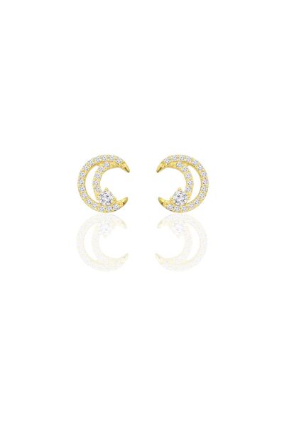 Gümüş altın yaldızlı zirkon taşlı hilal ışıltısı kadın küpe SGTL12655GOLD