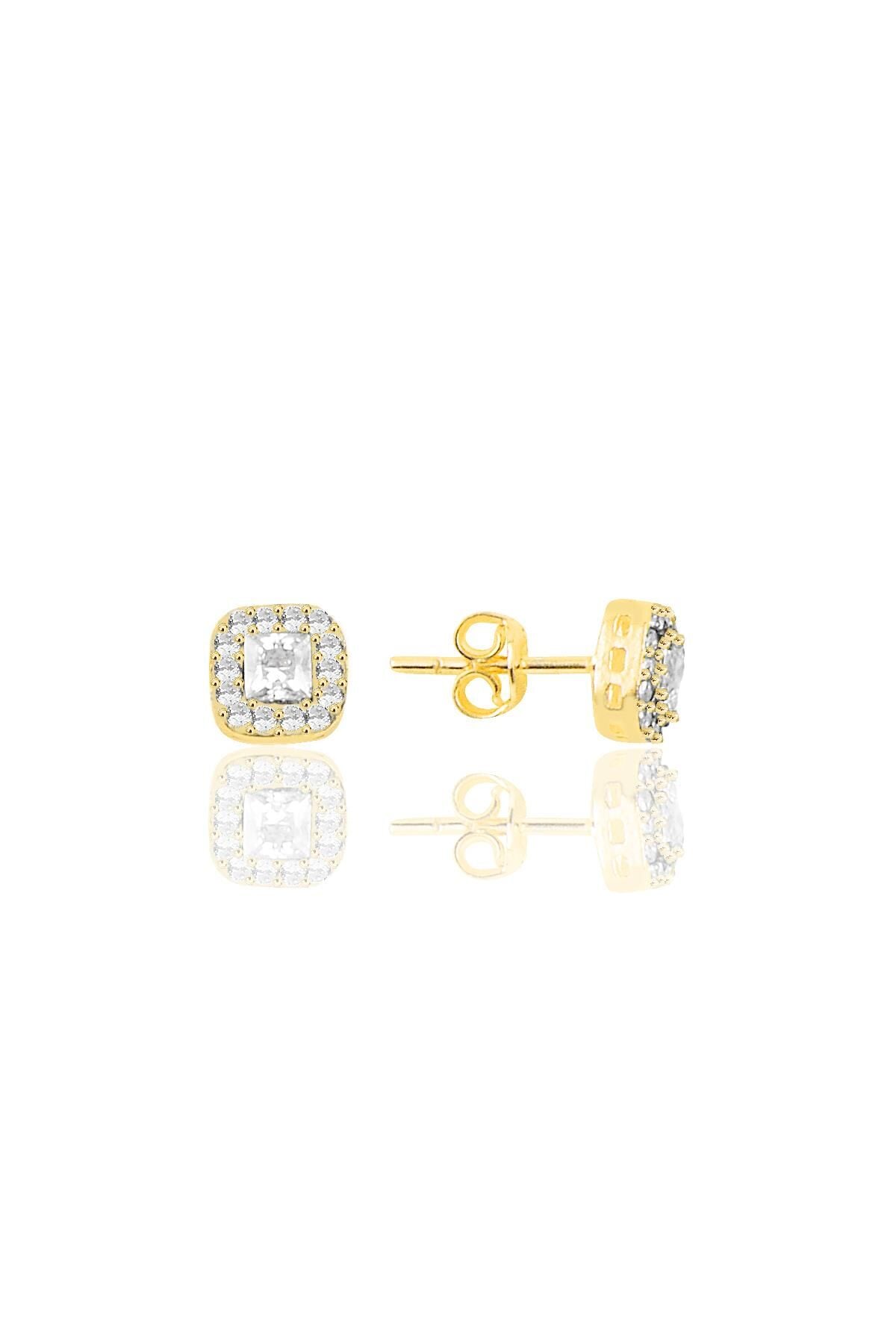 Gümüş Altın yaldızlı zirkon taşlı kare küpe SGTL10282GOLD