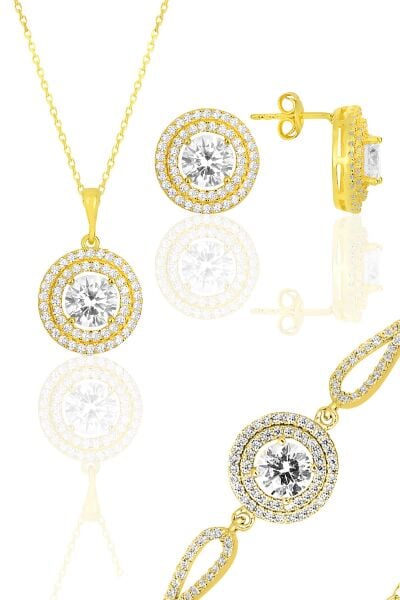 Gümüş altın yaldızlı zirkon taşlı pırlanta montürlü yuvarlak bileklikli üçlü set SGTL12090GOLD