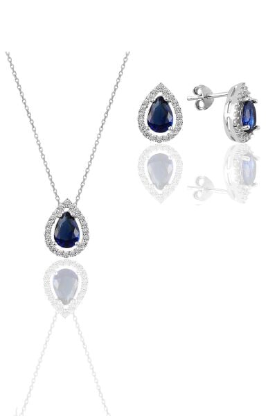 Gümüş beyaz altın rodyumlu safir taşlı damla modeli ikili set SGTL11569LACIVERT