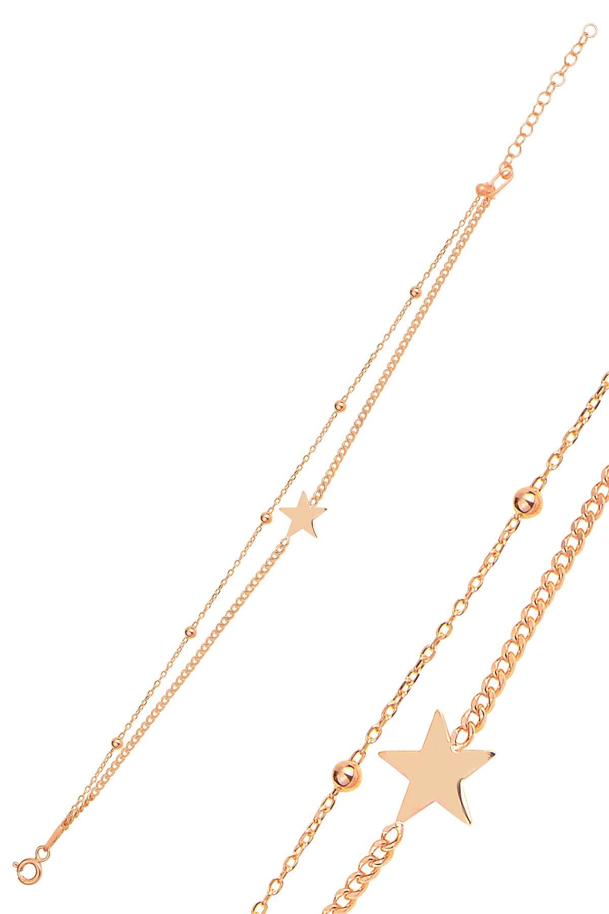 Gümüş rose gurmet ve top top çift zincirli yıldız bileklik SGTL11866ROSE