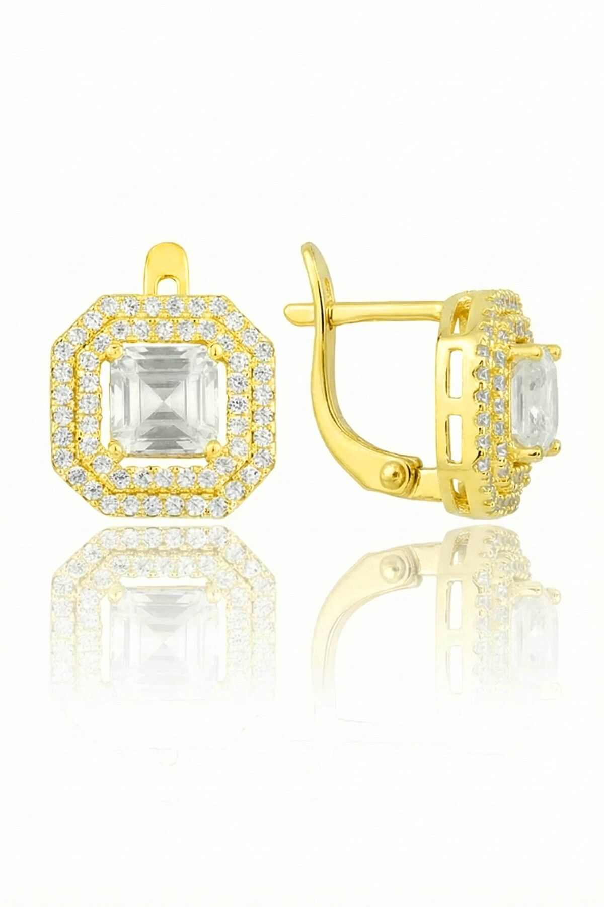 925 Ayar Gümüş Küpe Altın Kaplama Özel Tasarım Baget Kesim Zirkon Taşlı Klipsli Küpe SGTL13202GOLD