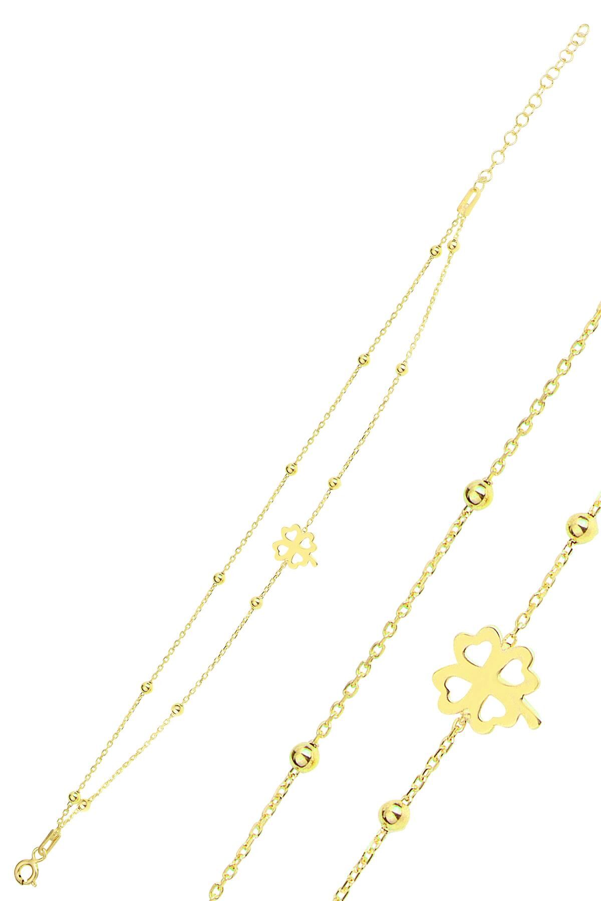 Gümüş altın yaldızlı top top çift zincirli yonca bileklik SGTL11867GOLD