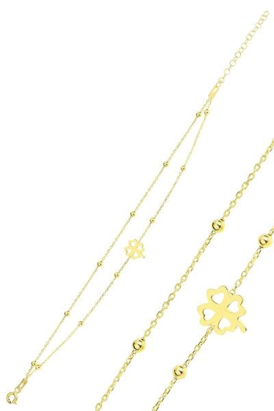 Gümüş altın yaldızlı top top çift zincirli yonca bileklik SGTL11867GOLD