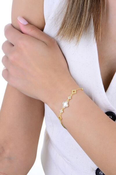 Gümüş altın yaldızlı zirkon taşlı top zincir detaylı beşli yonca bileklik SGTL12919GOLD