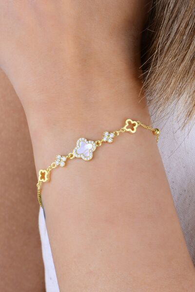 Gümüş altın yaldızlı zirkon taşlı top zincir detaylı beşli yonca bileklik SGTL12919GOLD