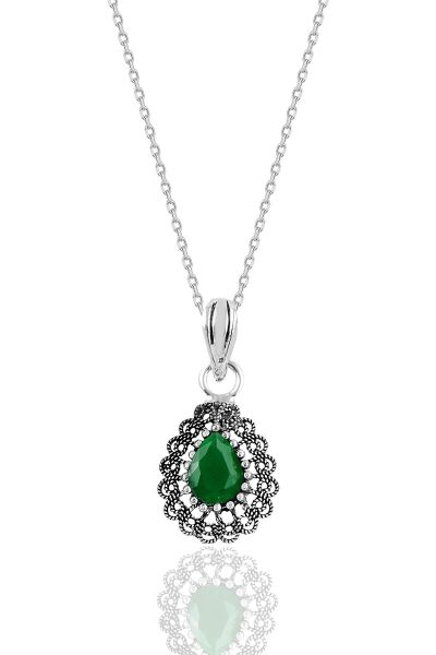 Gümüş kök zümrüt taşlı oksitli telkari işlemeli damla kolye  SGTL12732YESIL