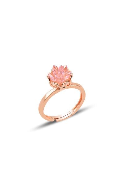 Gümüş Lotus çiçeği modeli pembe renkli taşlı ayarlamalı yüzük SGTL10217YZK