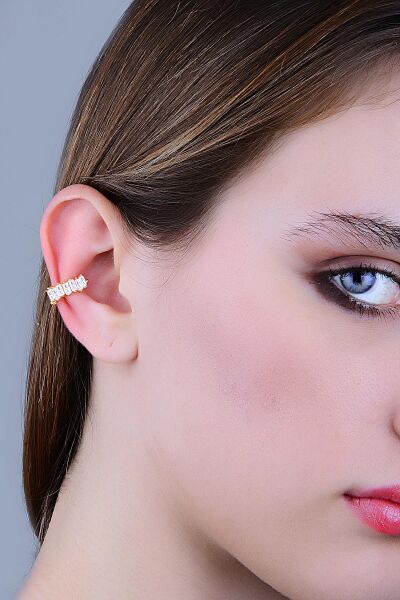 Gümüş rose baget kesim zirkon taşlı sıkıştırmalı kıkırdak küpe ear cuff SGTL11960ROSE