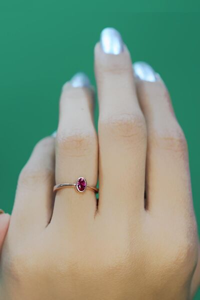 Gümüş rose  fuşya taşlı alttan ayarlamalı yüzük SGTL10161KIRMIZI