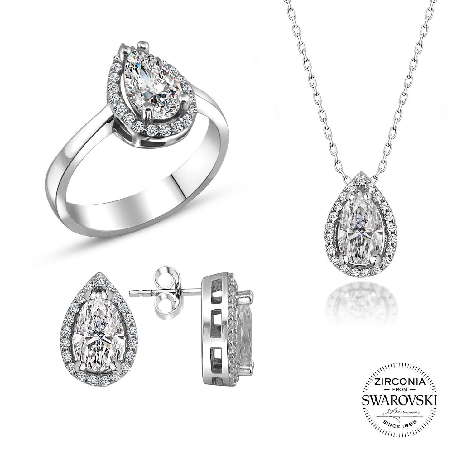Gümüş Swarovski taşlı pırlanta modeli damla üçlü set SGTL20517SETA