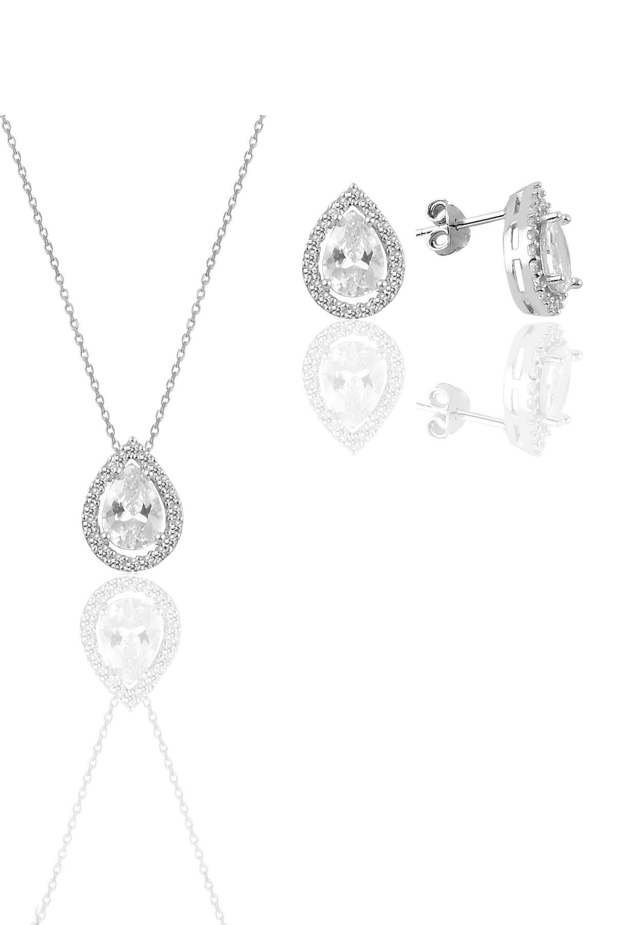 Gümüş beyaz altın rodyumlu zirkon taşlı damla modeli ikili set SGTL11569BEYAZ