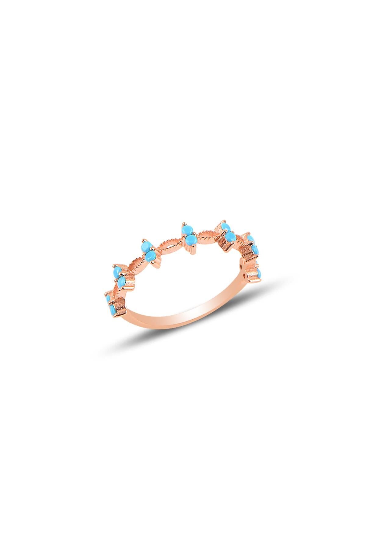 Gümüş rose turkuaz taşlı crown yüzük SGTL10290MAVİ