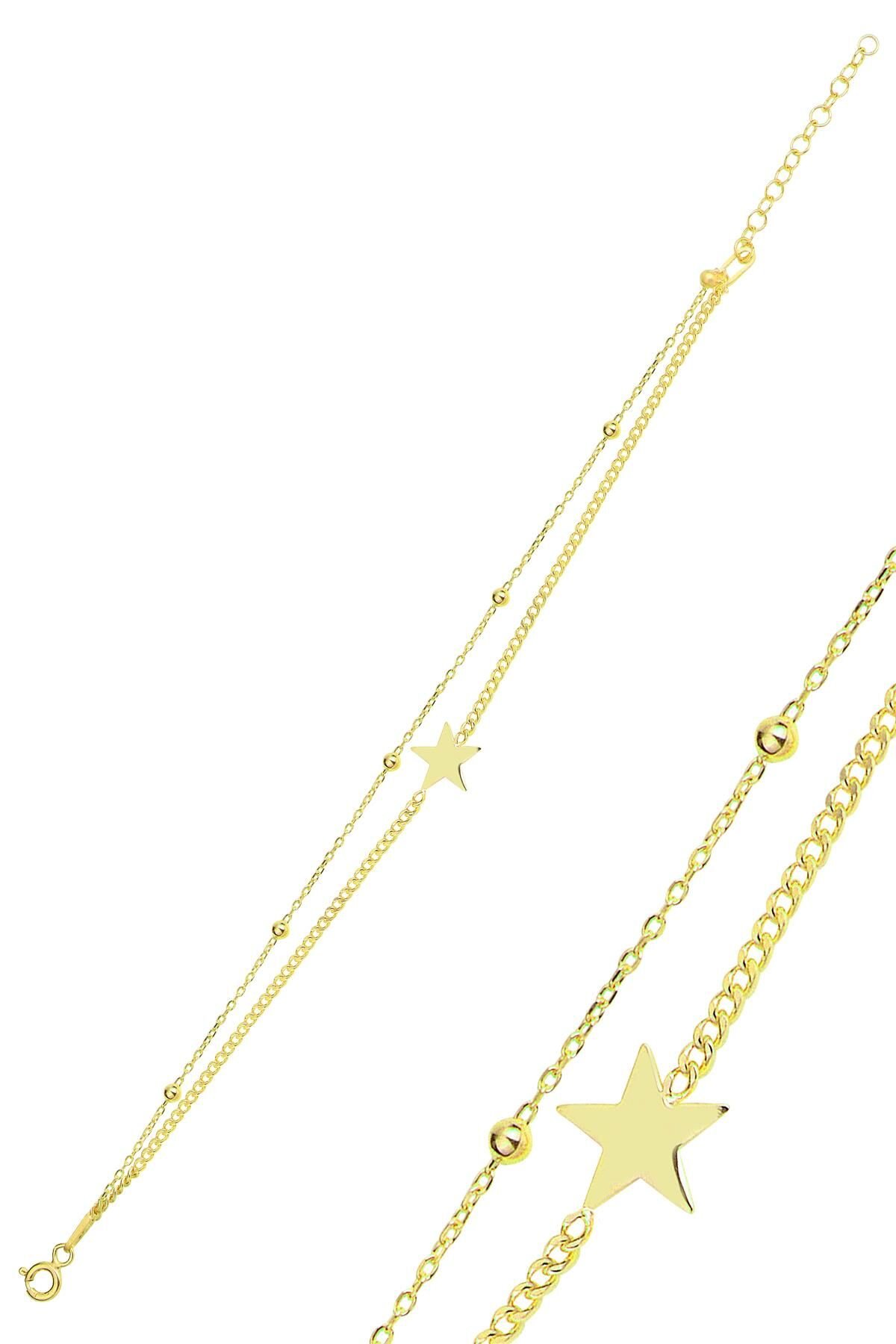 Gümüş altın yaldızlı gurmet ve top top çift zincirli yıldız bileklik SGTL11866GOLD