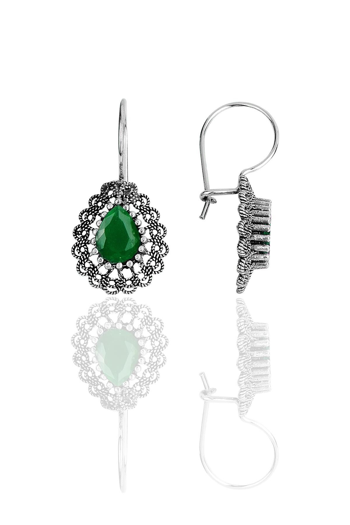 Gümüş kök zümrüt taşlı oksitli telkari işlemeli damla küpe SGTL12733YESIL