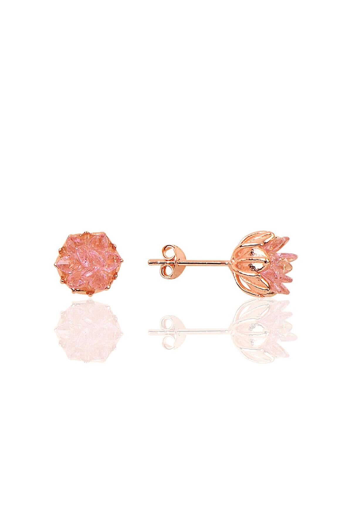Gümüş Lotus çiçeği modeli pembe renkli taşlı küpe SGTL10217KP
