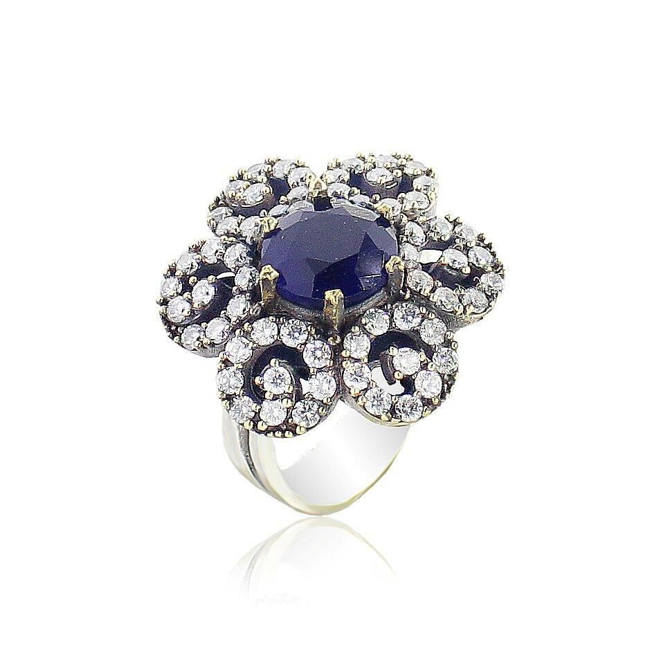 çiçek motifli safir taşlı otantik yüzük SGTL3736