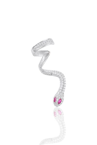 Gümüş rodyumlu kök yakut ve zirkon taşlı kıkırdak yılan küpe SGTL10971KIRMIZI