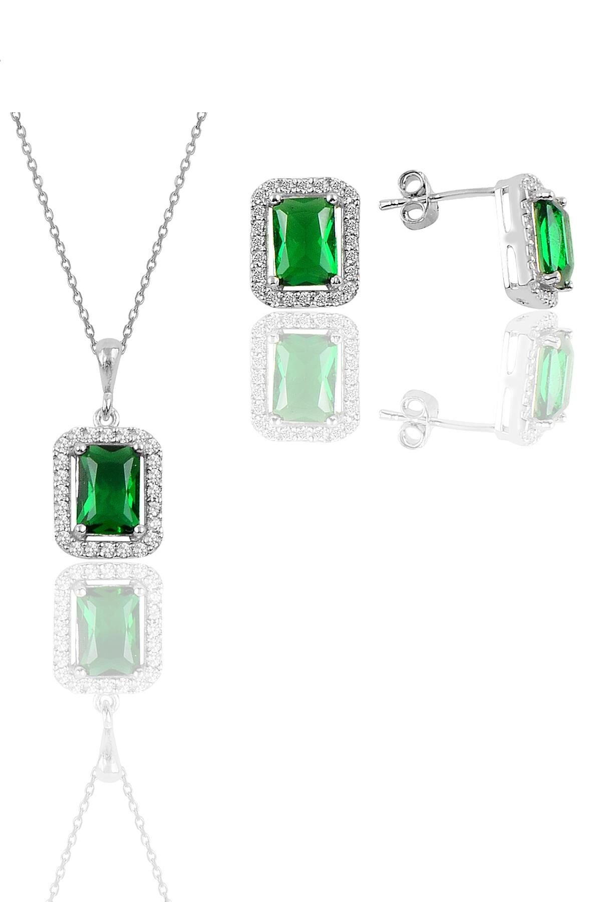 Gümüş rodyumlu kök zümrüt taşlı baget kesim ikili set SGTL11567YESIL