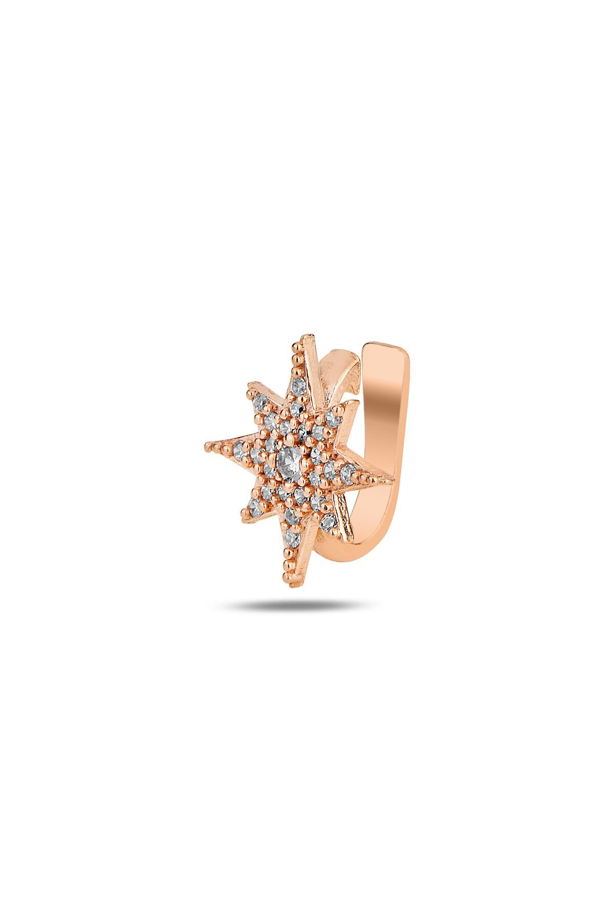 Gümüş rose zirkon taşlı sıkıştırmalı kutup yıldızı kıkırdak küpe ear cuff  SGTL11959ROSE