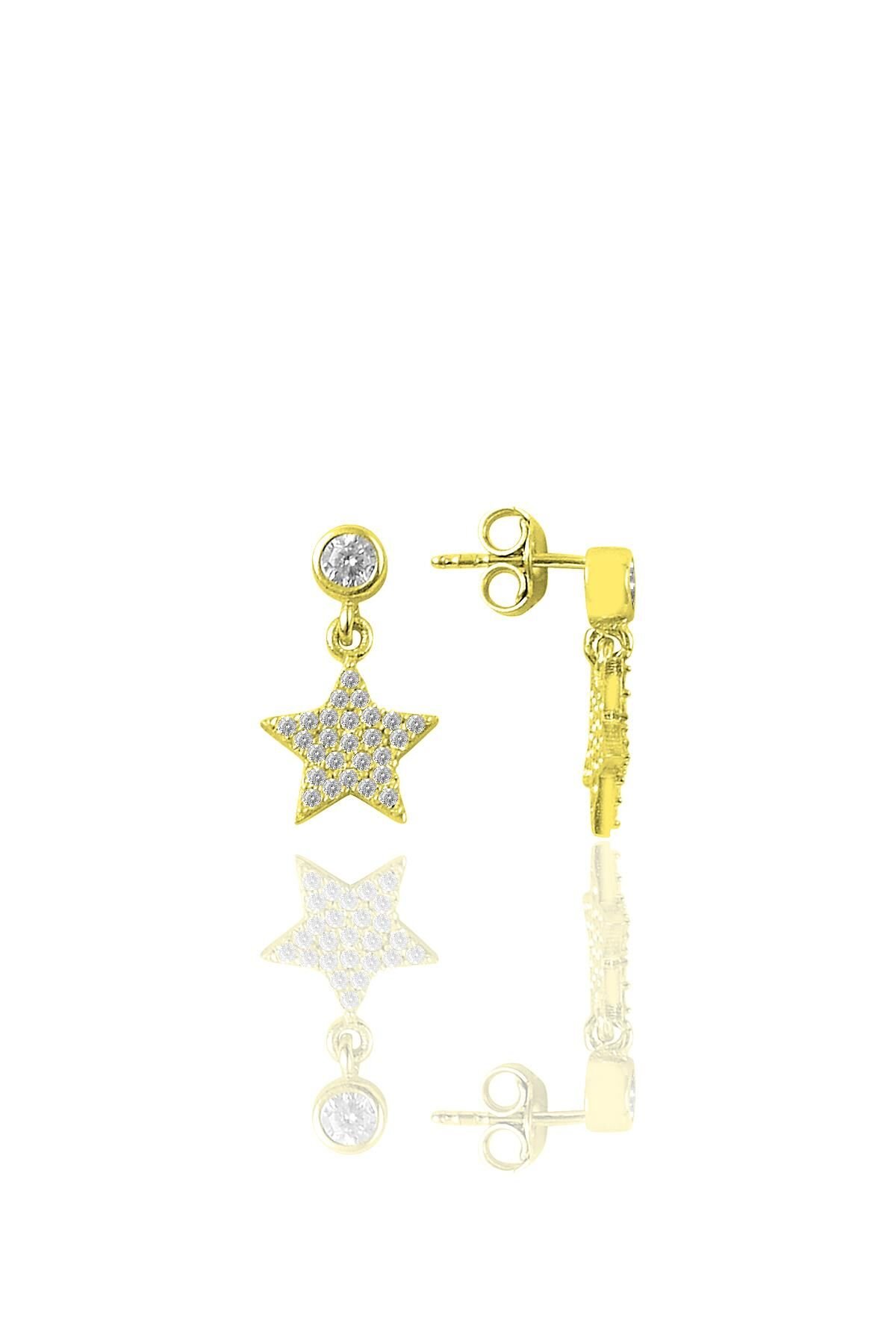 Gümüş zirkon taşlı altın yaldızlı yıldız modeli küpe SGTL12329GOLD