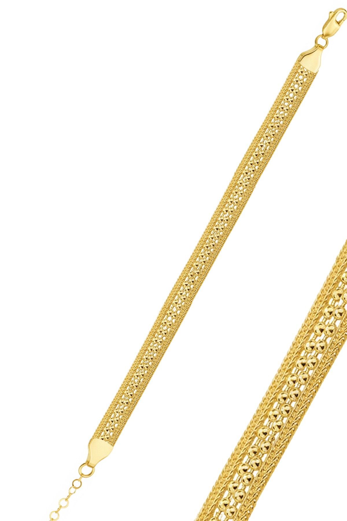 925 Ayar Gümüş Bileklik Altın Kaplama 4 sıra Top Zincirli Midyat Hasırı Bileklik SGTL12505GOLD