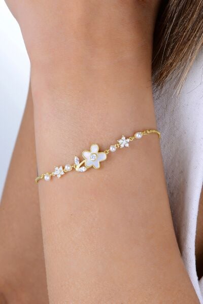 Gümüş altın yaldızlı sedef ve zirkon taşlı inci çiçeği bileklik SGTL12922GOLD