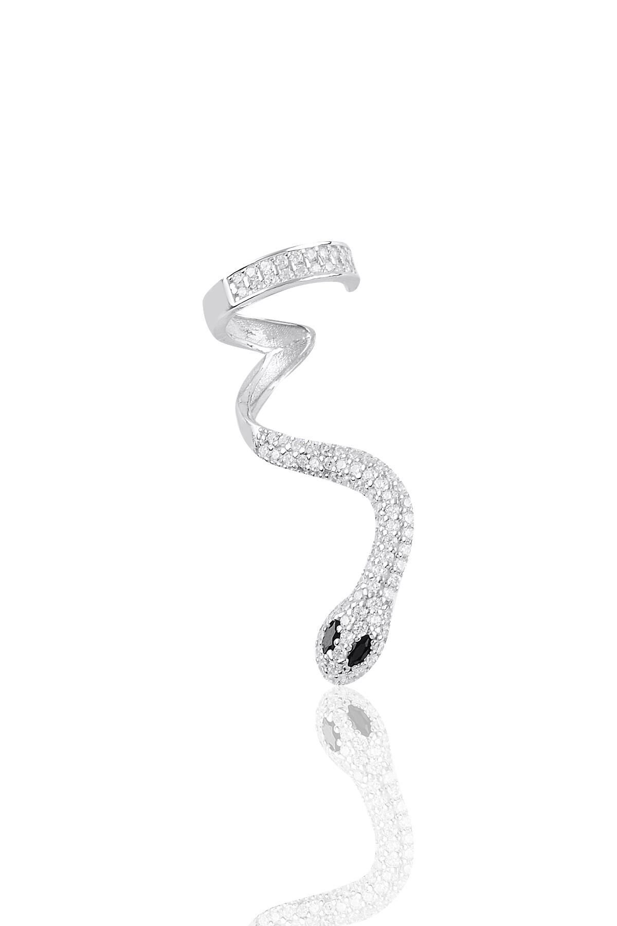 Gümüş rodyumlu onix ve zirkon taşlı kıkırdak yılan küpe SGTL10971SIYAH