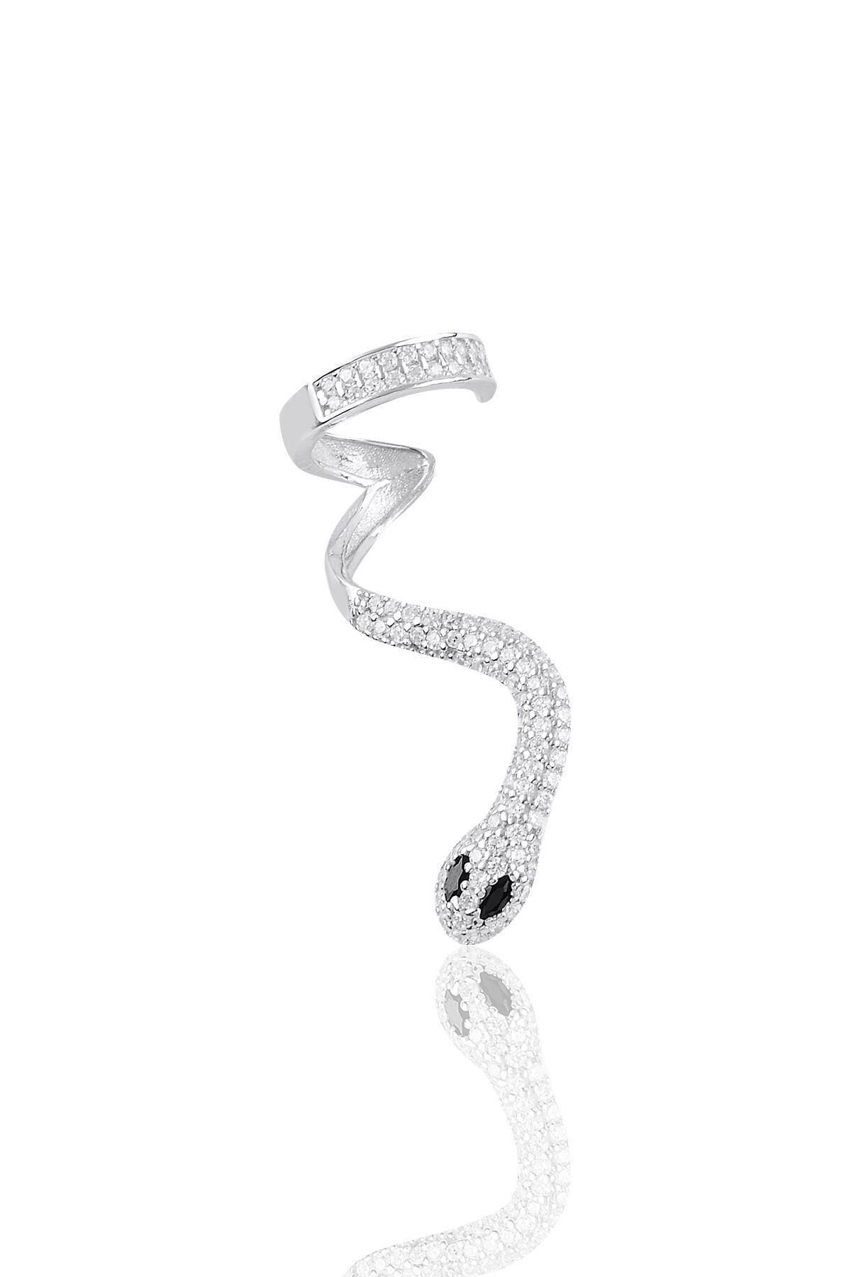Gümüş rodyumlu onix ve zirkon taşlı kıkırdak yılan küpe SGTL10971SIYAH