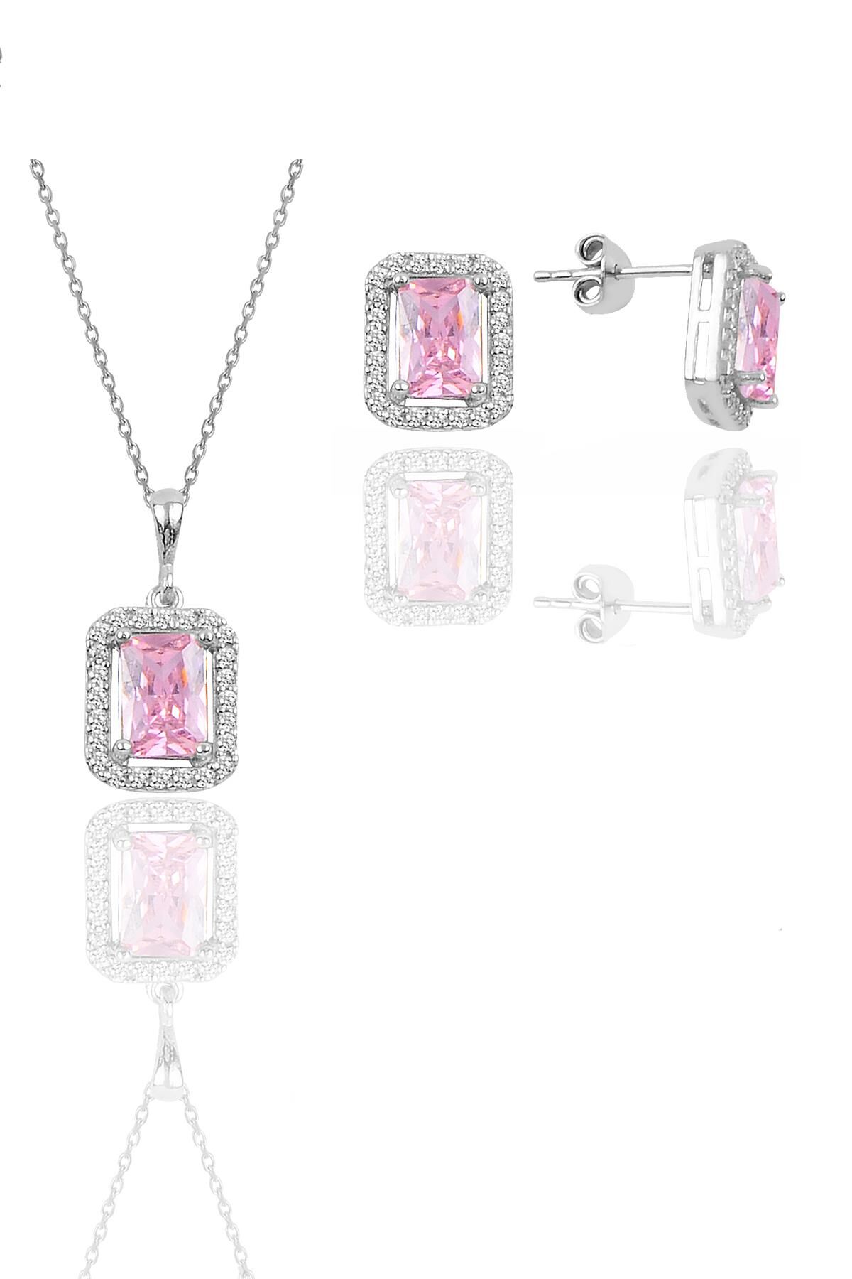 Gümüş rodyumlu pembe taşlı baget kesim ikili set SGTL11567PEMBE