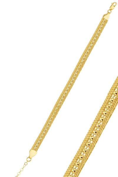 925 Ayar Gümüş Bileklik Altın Kaplama 3 sıra Top Zincirli Midyat Hasırı Bileklik SGTL12506GOLD