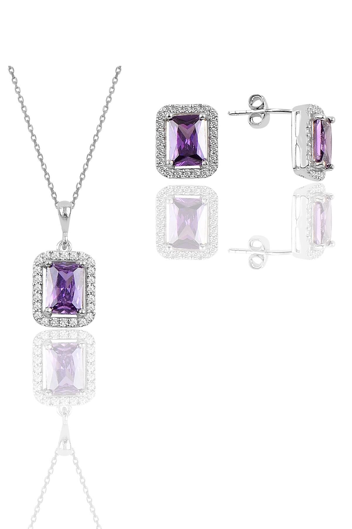 Gümüş rodyumlu ametis taşlı baget kesim ikili set SGTL11567MOR