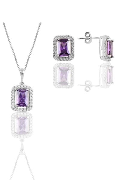 Gümüş rodyumlu ametis taşlı baget kesim ikili set SGTL11567MOR