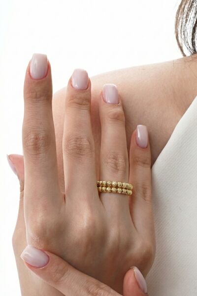 925 Ayar Gümüş  Yüzük Altın Kaplama Dorica (Dorissa) Alttan Ayarlamalı Çift Sıra Yüzük SGTL13223GOLD