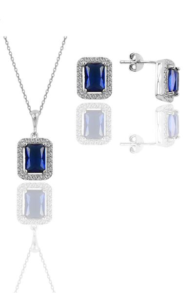 Gümüş rodyumlu safir taşlı baget kesim ikili set SGTL11567LACIVERT