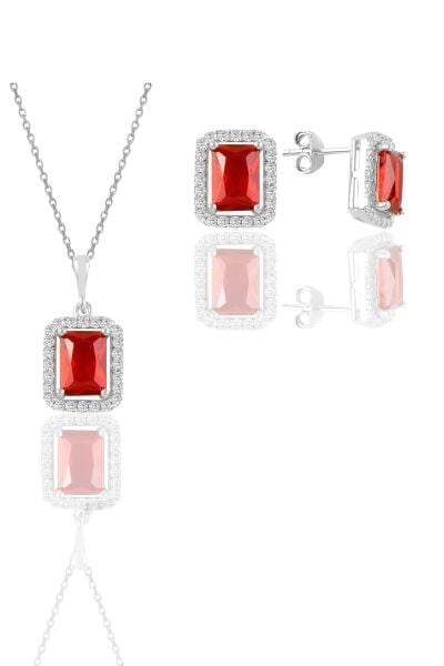 Gümüş rodyumlu kırmızı taşlı baget kesim ikili set SGTL11567KIRMIZI