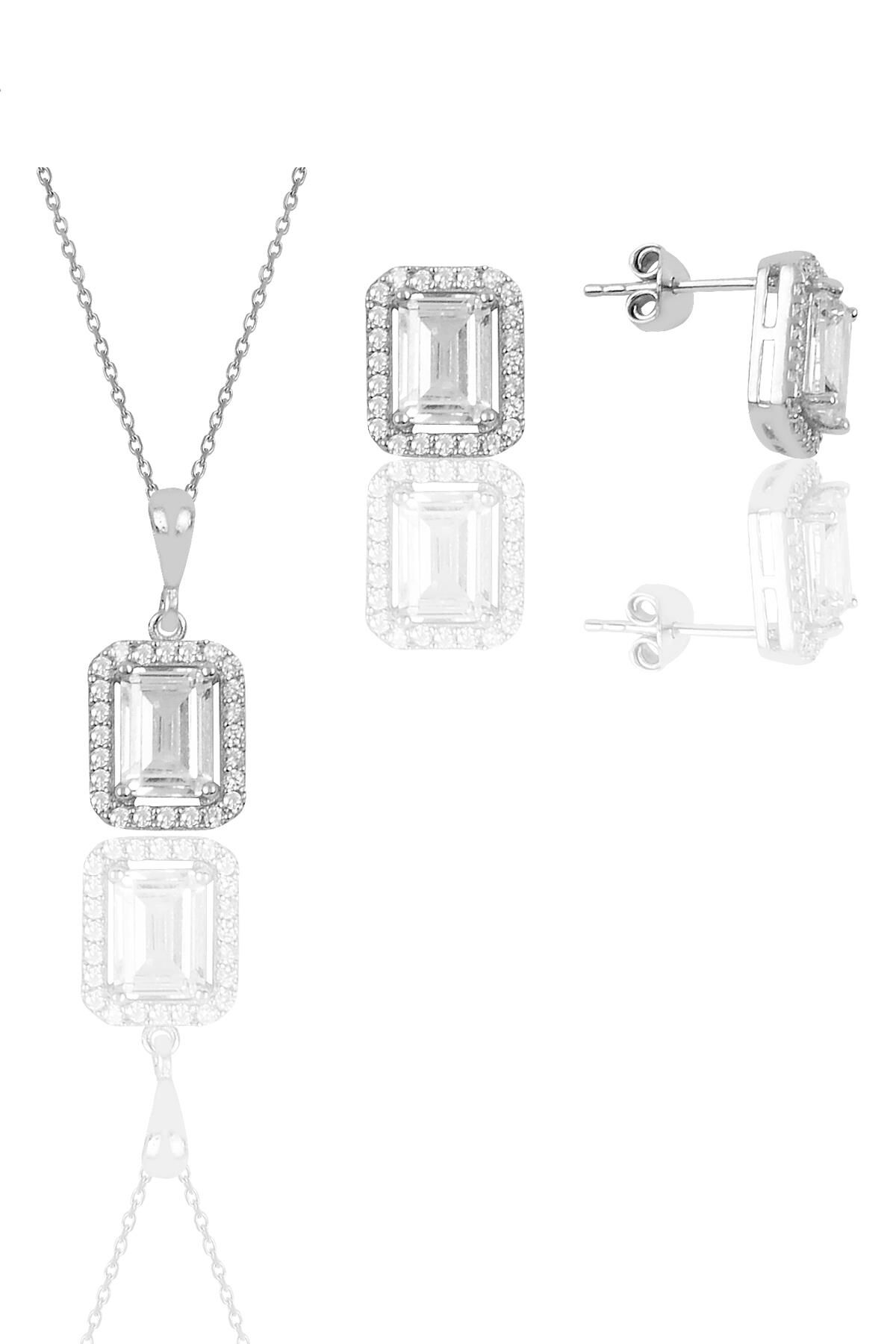 Gümüş rodyumlu zirkon taşlı baget kesim ikili set SGTL11567BEYAZ
