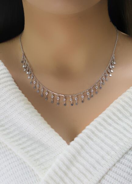 Gümüş rodyumlu zirkon taşlı damla pullu  kolye  SGTL10482RODAJ