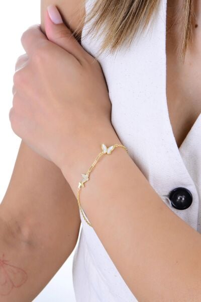 Gümüş altın yaldızlı sedef ve zirkon taşlı ışıltılı kelebek bileklik SGTL12926GOLD