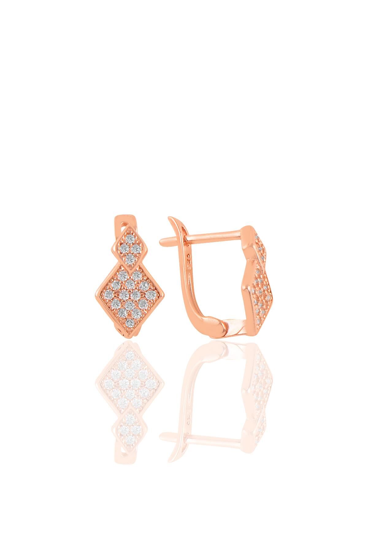 Gümüş rose zirkon taşlı  baklava dilimi j küpe SGTL11223ROSE