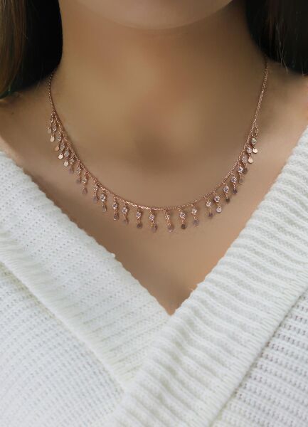 Gümüş rose zirkon taşlı damla pullu kolye  SGTL10482ROSE