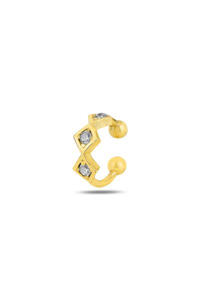 Gümüş altın yaldızlı zirkon taşlı dilim görünümlü sıkıştırmalı kıkırdak küpe SGTL11957GOLD