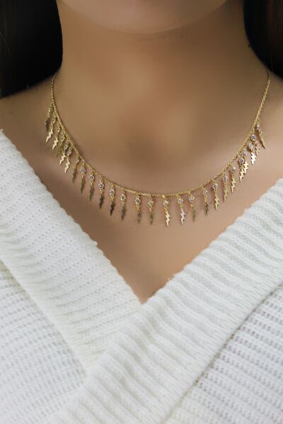 Gümüş altın yaldızlı zirkon taşlı şimşek kolye SGTL10483GOLD