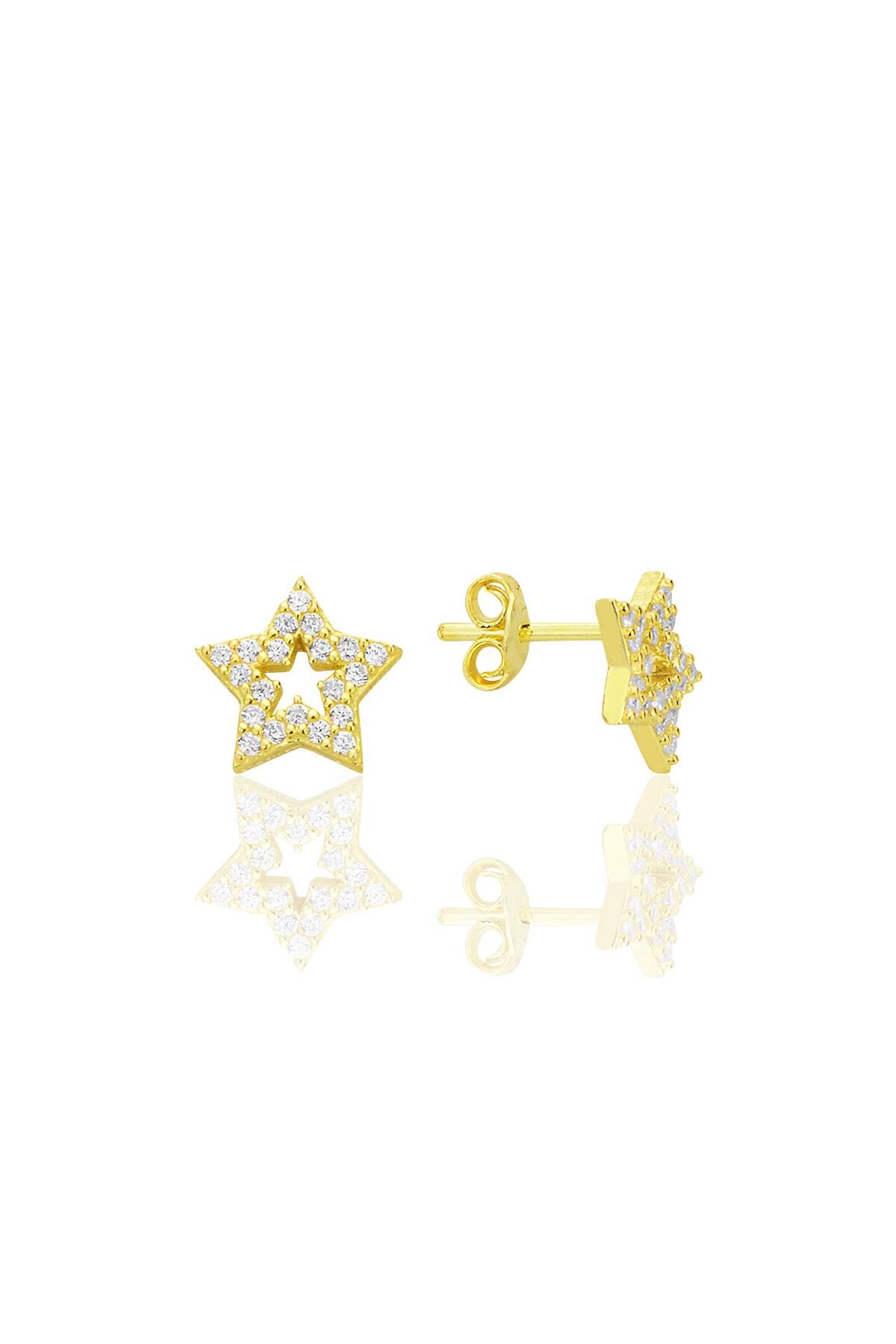Gümüş altın yaldızlı zirkon taşlı yıldız küpe SGTL12659GOLD