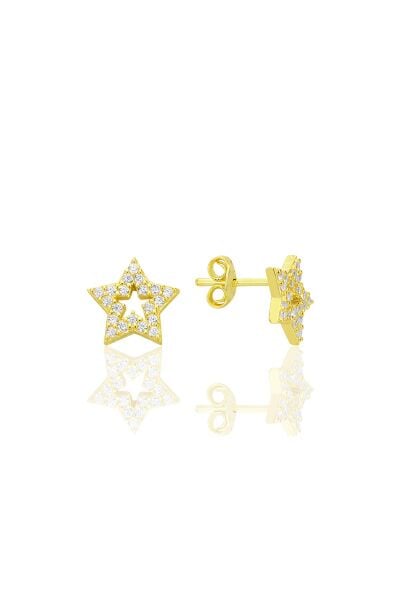 Gümüş altın yaldızlı zirkon taşlı yıldız küpe SGTL12659GOLD